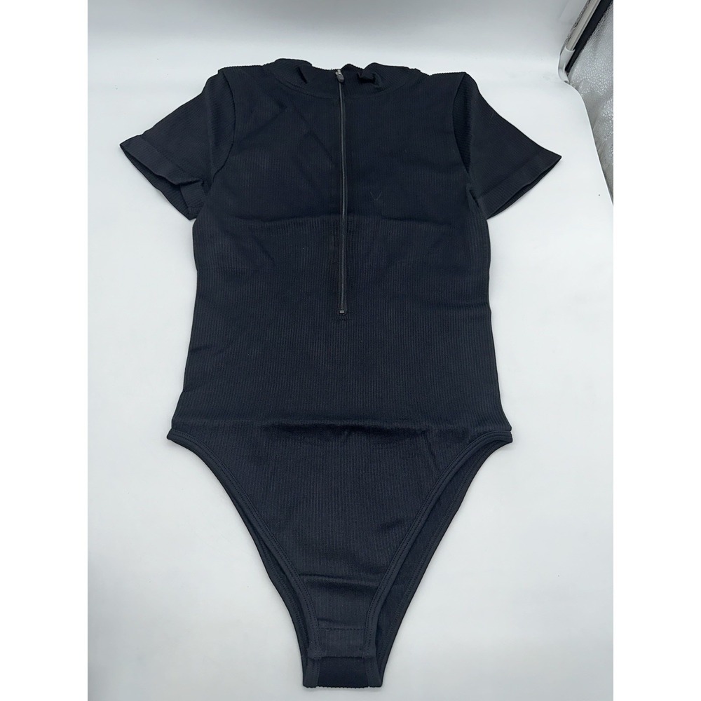 OQQ Bodysuit Black Ribbed Mock Neck Short Sleeve Zip Front Athleisure Medium
